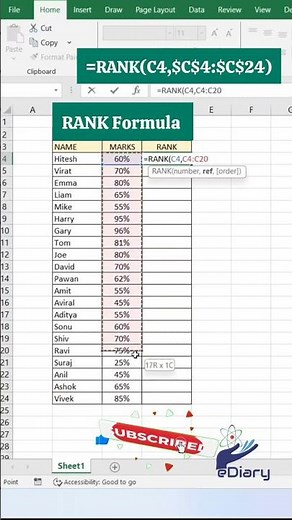 RANK Formula in Excel – Rank Numbers Easily #rank #excel #exceltips #exceltricks #ediary