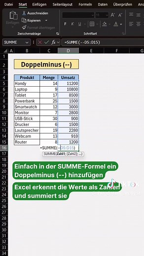 Excel Doppelminus: Wahrheitswerte in Zahlen umwandeln