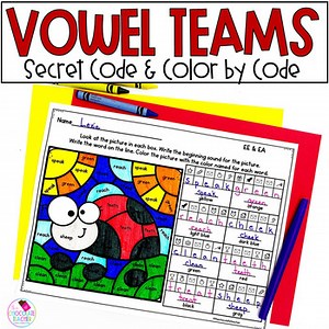 Vowel Teams Worksheets- Phonics Color by Code with Secret Code Long Vowel Words