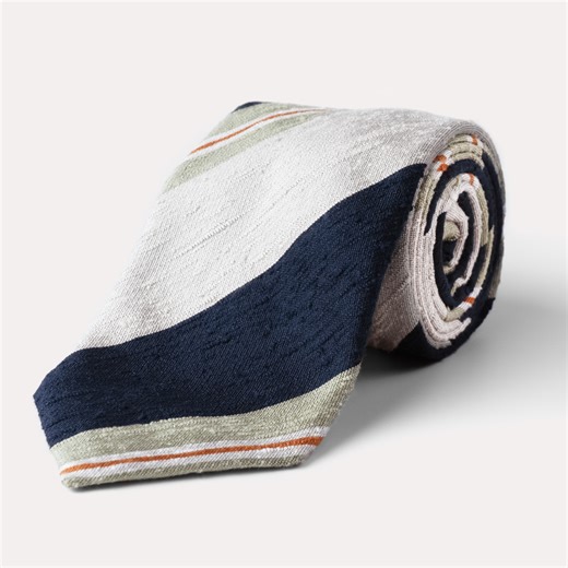 Navy, Green & Copper Stripe Shantung Silk Tie