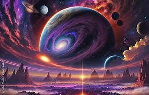 Futuristic cosmic animation with deep space, galaxy, and futuristic cityscape on planet. Bright cosmic animation with illustrations transformations and metamorphose. AI generated cinematic video