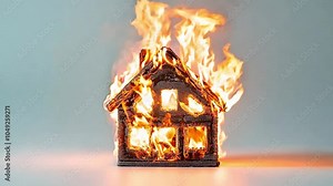 Miniature house engulfed in flames, symbolizing real estate disaster and risk. Model house on fire representing property damage and emergency.
