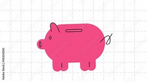 2D animated video of money going into a piggy bank, visualizing saving money