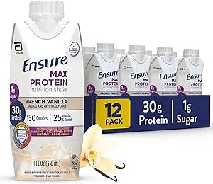Ensure Max Protein Shake | French Vanilla | Ready to Drink | 30g Protein for Muscle Health | 1g Sugar, 4g Fiber | 11 fl oz, 12 Pack