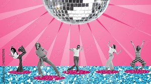 Group of young people, friends having fun together at disco party, dancing. Visiting club. Stop motion. Animation.