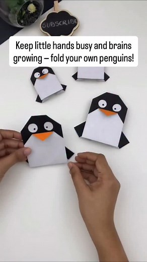 These paper penguins are simple to fold and absolutely adorable! With just a few steps, you can create your own little arctic friends — perfect for play, decor, or classroom fun. It’s a quick and creative craft that helps kids practice fine motor skills while sparking their imagination. A fun project for any season! Keywords: origami penguin, paper animals, easy kids craft, winter paper craft, DIY origami, fun activity for children, paper folding project, creative learning | GenioKid - Early Lea