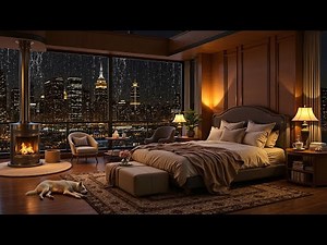 Night Jazz in a Cozy Bedroom Ambience - Rainy Day with Smooth Piano Jazz Music & Fireplace for Relax