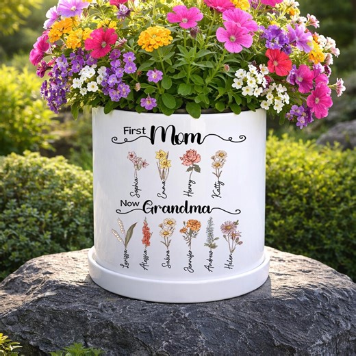 Personalized Birth Month Flowers Plant Pot, First Mom Now Grandma Gift, Grandma Gift, Mom Gift, Grandma Birthday Gift, Mothers Day Gift - Etsy