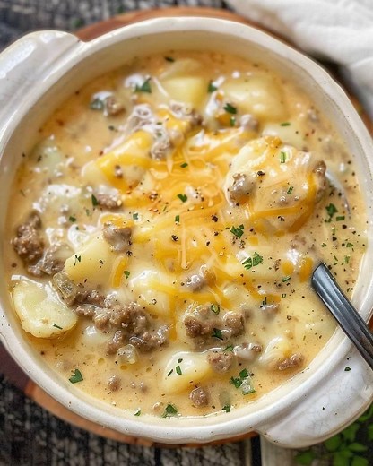 Cheesy Hamburger Potato Soup 🧀🥔🍔 This Cheesy Hamburger Potato Soup is pure comfort in a bowl! Rich, creamy, and loaded with hearty ground beef, tender potatoes, and melty cheese, this soup is perfect for chilly days or whenever you need a warm, satisfying meal. Each spoonful is packed with flavor, making it the ultimate cozy dinner the whole family will love. 🧀🍲 #comfortfood #garlicbread #breakfast #dessert #delicious #sweettreats #easyrecipes #tasty #homemadewithlove #steakbites #recipeoft