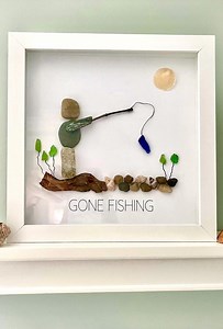 Sea Glass Pebble Art: "gone Fishing" Shadow Box (8x8) - Etsy