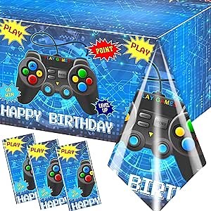 Gamer Birthady Party Decorations Tablecloth,3pcs Blue Video Game Table Cover Gaming Birthday Plastic Tablecloth for Boys Birthday Game Theme Party