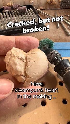 WORK IN PROGRESS: Another steampunk heart in the making… This time one with a wooden shell, with a stone base underneath. Cogs and gears will be inlayed.. Lots of cracks everywhere, but the heart is still solid and the “machine” is still going strong! 😉 #steampunkart #steampunkheart #woodheart #woodartwork #steampunkpendant #steampunkjewelry #cogsandgears #ionawoodart #clockwork #vintagesteampunk #woodcarvingart #dremelcarving | Iona Wood Art