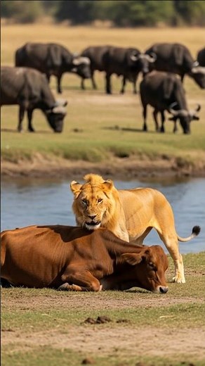Lion vs Cow: Savage Moment on the Riverbank! #shorts