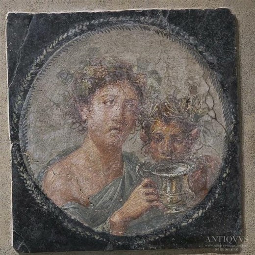 POMPEII : Medallion with Maenad and Satyr fresco
