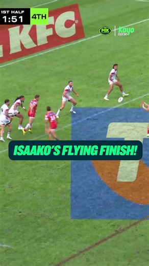 What a finish from Jamayne Isaako! ✈️ He takes flight to put the ball down in the corner and bring 1500 premiership points 😮‍💨 The only place to watch every game of every round live is Fox League, available on Kayo Sports. #NRL