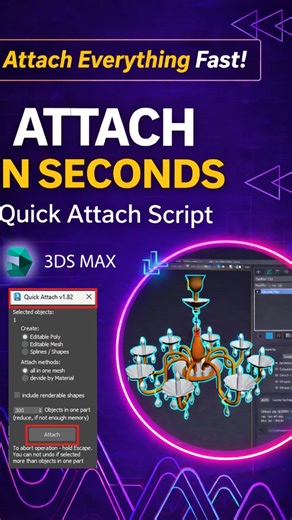 Safà Rgaieg on Instagram: "Attach Everything in Seconds | 3ds Max Attach multiple objects in seconds using the Quick Attach Script in 3ds Max. No more manual attaching, no more wasted time — just select, click, and it’s done. Perfect for complex models, props, and detailed assets. Fast, clean, and workflow-friendly. This tool saves hours and keeps your workflow clean and fast. 👉 If you like this video, hit Like 👍 👉 Subscribe to the channel for more 3ds Max tips & scripts 👉 Comment if you wan