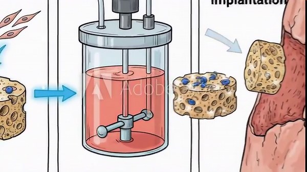 Tissue engineering cycle diagram illustrating the steps from biopsy and cell isolation, seeding cells onto a scaffold, culturing in a bioreactor, and finally implanting the engineered tissue
