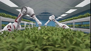 Automated planting process using advanced robot for planting leaves in trays. Agriculture with artificial intelligence.