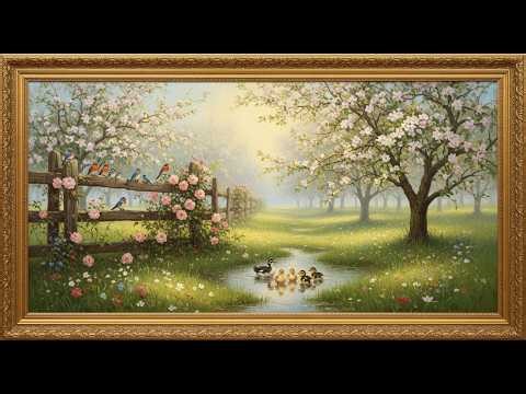 Vintage Spring Farmhouse Landscape | Samsung Frame TV Art | 4K Birds & Ducklings Painting