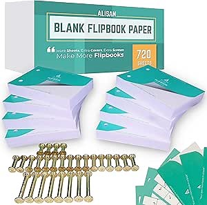 Blank Flip Book Paper Kit 8 Pack - 720 Sheets (1480 Pages) Animation Drawing Flipbook of 160 GSM Paper with Holes and Binding Screws.