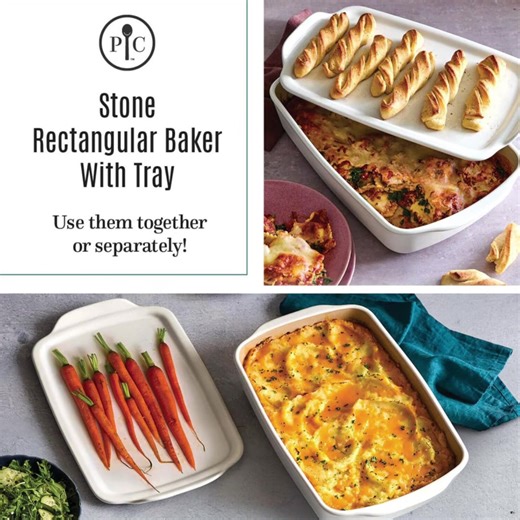 The Stone Rectangular Baker With Tray offers the best of both worlds. The Stone Rectangular Baker and Stone Serving Tray combine the amazing cooking surface and heat retention of our unglazed stoneware with the beauty of our fully glazed stoneware. You can take both the baker and serving tray straight from the microwave, oven, or freezer to your table. When you’re not using it as a lid, the Stone Serving Tray can be used to bake cookies, cook veggies, serve food, or store leftovers in the fridge