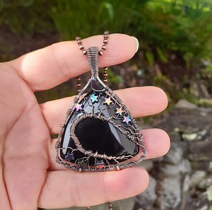 Copper Wire Tree of Life Pendant: Obsidian & Star Beads - Etsy
