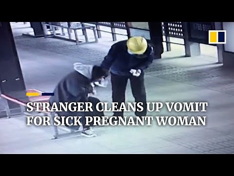 Stranger cleans up vomit for ill pregnant woman at bus stop in China