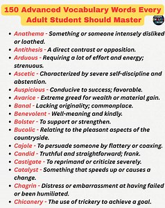 386K views · 3.6K reactions | 150 Advanced Vocabulary Words Every Adult Student Should Master #Vocabulary #AdvancedWords #EnglishLearning #Education #LearnEnglish #WordPower #LanguageSkills #AdultEducation #StudyTips #EnglishVocabulary #WordOfTheDay #ImproveYourEnglish #AcademicEnglish #LanguageLearning #KnowledgeBoost | STUDY English Online | Facebook