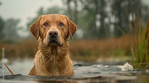 This wet Labrador Retriever stands in a body of water with a cloudy sky in the background. Hunting season