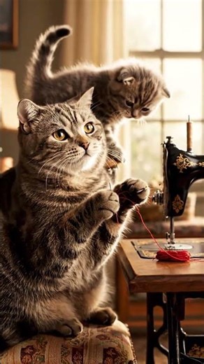 Cute Scottish Fold Cats Working as Tailors Mother Cat and Kitten Sewing Clothes Like Humans