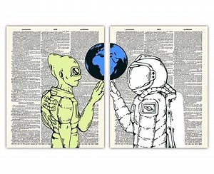 Buzz Unplugged Alien and Astronaut Decor - Set of 2 Unique 8x10 Unframed Dictionary Wall Art for Home Office Decor, Dorm and Bedroom - Cool Posters Idea