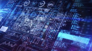 Futuristic interface displaying city map with data analysis and trackers