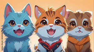 Cute cartoon cats with big eyes smile and look at the camera