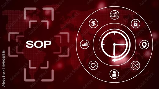 Standard operating procedure concept with a red dotted map and a circular infographic illustrating business for time, finance, and operations on a dark red background