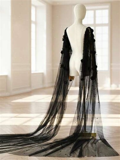 1 Pair Black Lace Trimmed Bridal Cape, Luxury 2.5M Long Wedding Shawl, Wedding Gown Accessory | SHEIN
