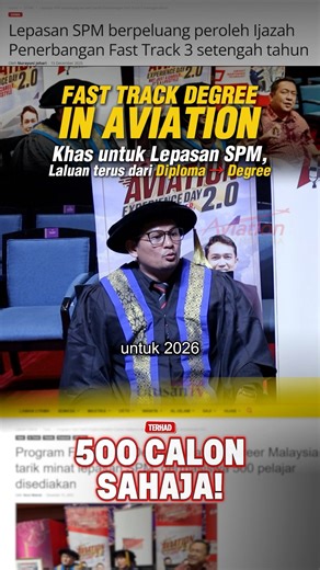 Fast Track Degree khas untuk lepasan SPM kini telah dilancarkan ✈️ Laluan khas dari Diploma → Degree hanya dalam 3 tahun setengah sahaja. Lebih istimewa, tahun ini tersedia peruntukan khas Yayasan Pendidikan Kasih Malaysia untuk bantu golongan B40 sambung belajar. ⚠️ Terhad kepada 500 calon terawal sahaja. Jangan lepaskan peluang ini. 👉 Klik link di bio untuk maklumat lanjut & permohonan. #FastTrackDegree #LepasanSPM #AviationCareerMalaysia #KerjayaAviation #PendidikanB40 | Aviation Career Mala