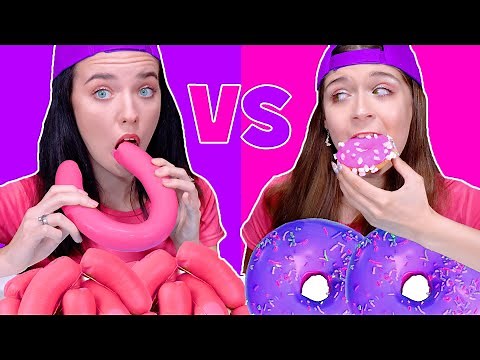ASMR Eating Only One Color Food For 24 Hours! Pink VS Purple Food Challenge By LiLiBu #3