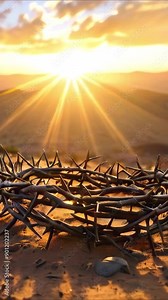 crown of thorns on desert ground at sunset animation -- 4k 9x16 vertical stock video footage AI