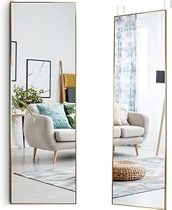 Mirrotek Over The Door Full Length Mirror 13.7" x 48" - Aluminum Frame Bathroom, Slim & Mountable Body Mirror, Shatterproof Full Body for Door (Gold)