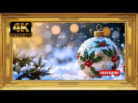 Gold Frame TV Art Christmas Decoration / Christmas Ornaments with Snowfall / 4K Smart Tv Screensaver