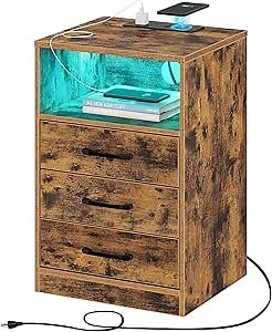 Seventable Nightstand with Wireless Charging Station and LED Lights, Rustic End Side Table with 3 Drawers and Open Compartment for Bedroom, Rustic Brown