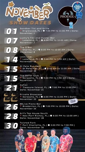 Eleven Ways to Catch Phoenix Live in November 🤩 Thank you all for showing up for us all year. Your energy, your smiles, your dancing, and your support have truly lifted us up. We are heading into the final two months of the year feeling grateful, inspired, and ready to bring even more good vibes your way. November is packed with eleven chances to catch us live. We would love to see you at a show, share some music, and make more memories together. Grab your friends, bring your best energy, and l