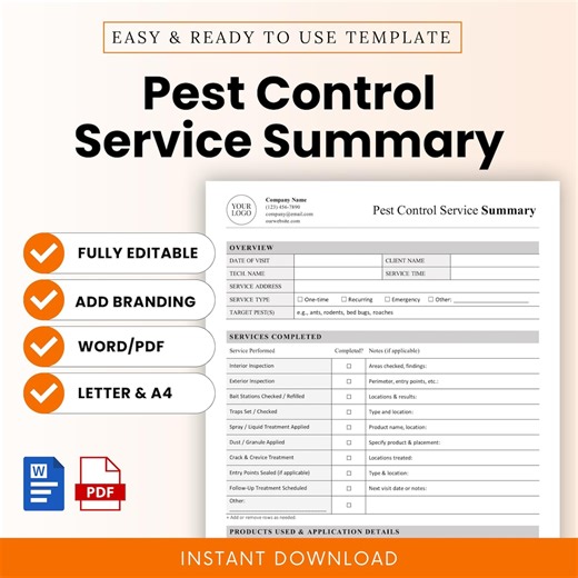 Pest Control Service Summary Template – Word & PDF, A4   US Letter - Etsy Canada