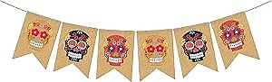 Mandala Crafts Day of the Dead Skull Decorations Burlap Banner – Dia De Los Muertos Sugar Skulls Décor Garland Sign for Mexican Fiesta & Halloween Party Decorations, Mantel, Fireplace, Wall Décor