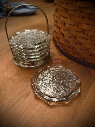 Vintage Reims France Crystal Coaster Set With Silver Caddy | 6 Piece French Barware Coasters | Cut Crystal Drink Coasters - Etsy