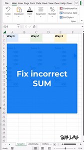 【Fix incorrect SUM】 The error occurs when your calculated range is mixed with "TEXT." Here are 3 ways to fix it: 1. Convert to a number. 2. Text to column. 3. -- If this post is helpful, like and give it a repost ♻️ to help others! #excel #businessanalytics #data #exceltips #exceltricks #businessanalytics #DataAnalytics | Sun Lau - Excel Analytics OS course