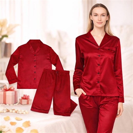Red Satin Pajama Set, Women's Sleepwear With Black Trim - Etsy