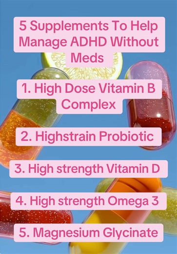 If I was beginning my holistic ADHD journey here are the ‘Top 5 Essential Supplements I would start🧠💊 all the recommended brands I’ve used personally is linked in my bio! If you're struggling with ADHD symptoms, these 5 supplements might help support your brain health: 1. Vitamin B Complex ⚡ ✅ Boosts mental energy ✅ Supports neurotransmitter production ✅ Improves focus & concentration 2. Vitamin D (High Strength) ☀️ ✅ Regulates mood & behavior ✅ Supports brain development ✅ Reduces inflammatio
