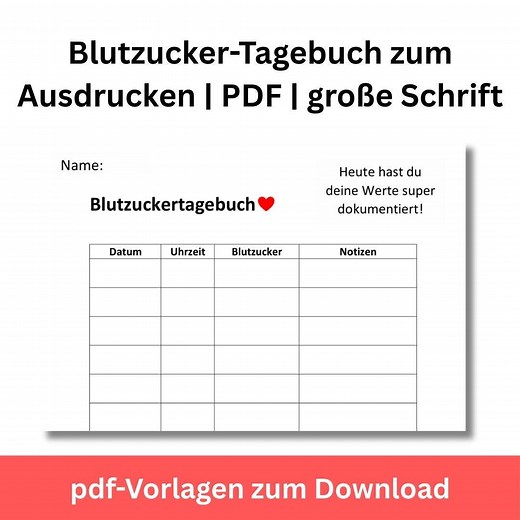 Blutzucker-Tagebuch zum Ausdrucken || PDF Vorlage für Diabetes || DIN A4 || große Schrift || gut lesbar || 10 Seiten - Etsy.de