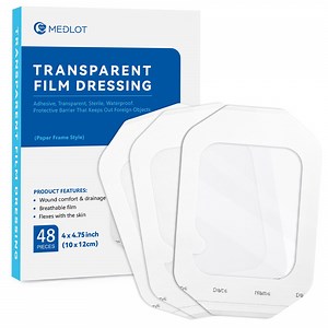 LotFancy Transparent Film Dressing, 4x4 3/4 in, 48 Count, Waterproof Adhesive Wound Bandage Tape